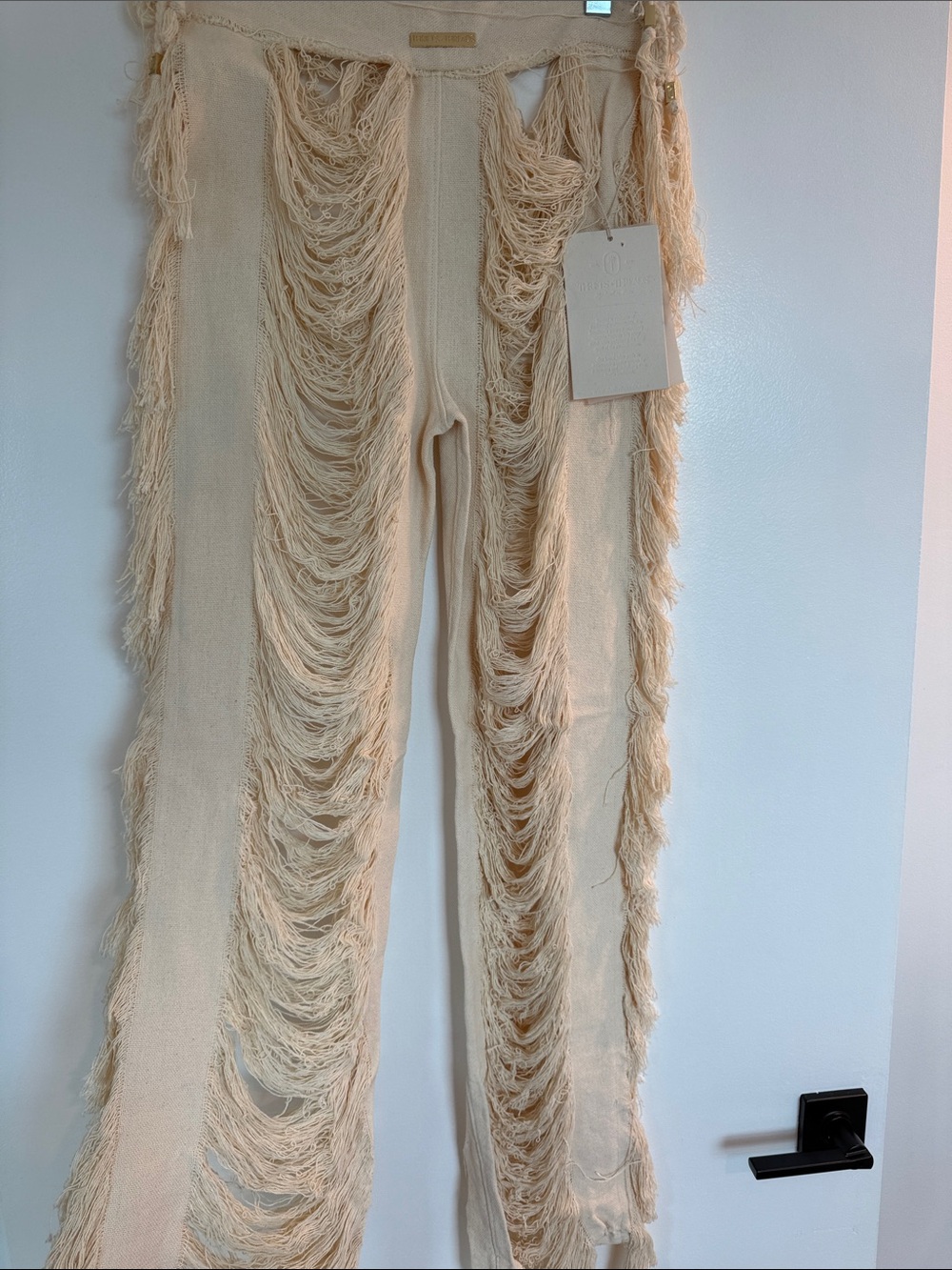 Fringed Wide-Leg Knit Pants in Cream